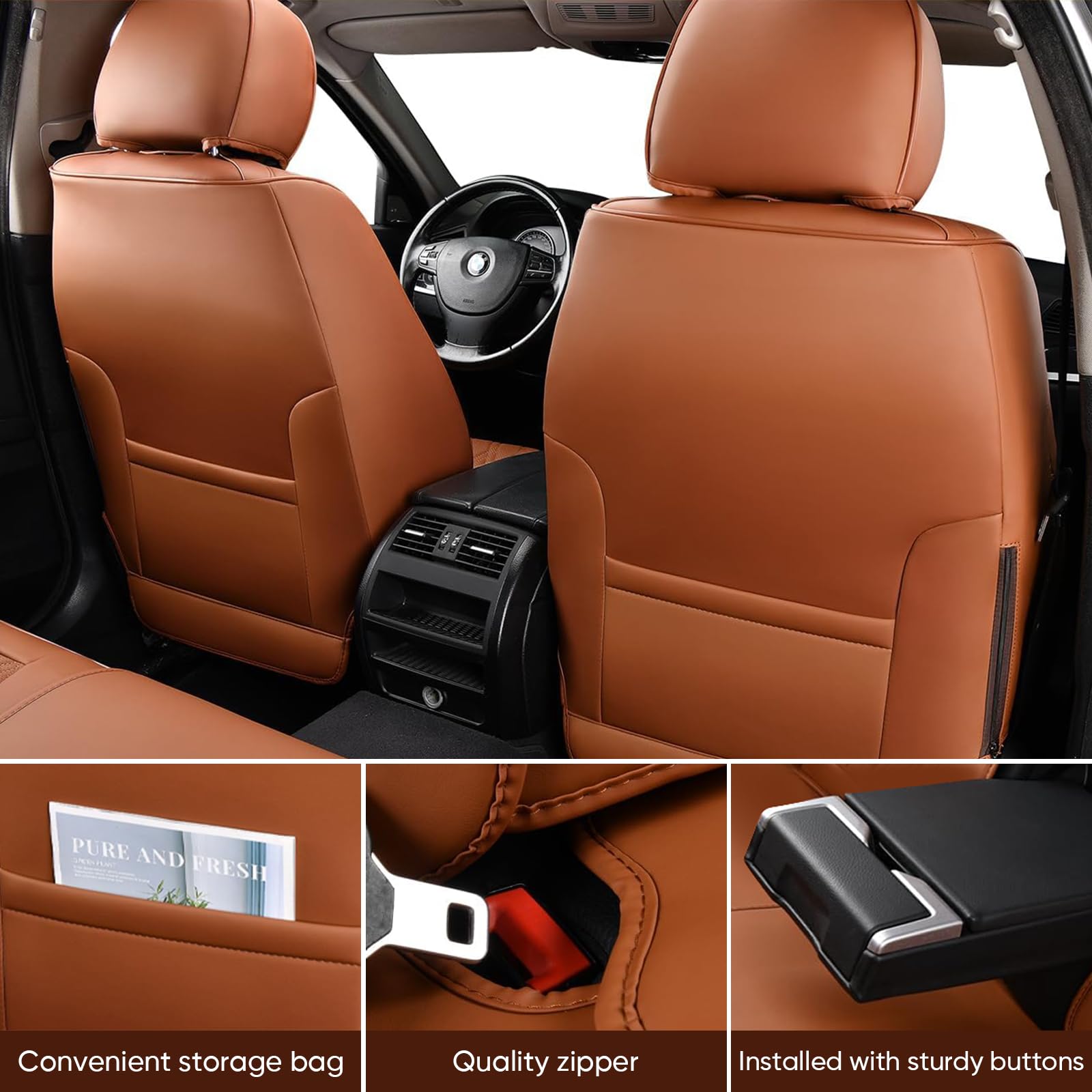 KIDYACWST Auto Car Seat Covers Accessories Full Set Leather Cushion Protector Breathable Waterproof Seat Cover for Cars Universal Fit (Brown, Front Pair and Rear)
