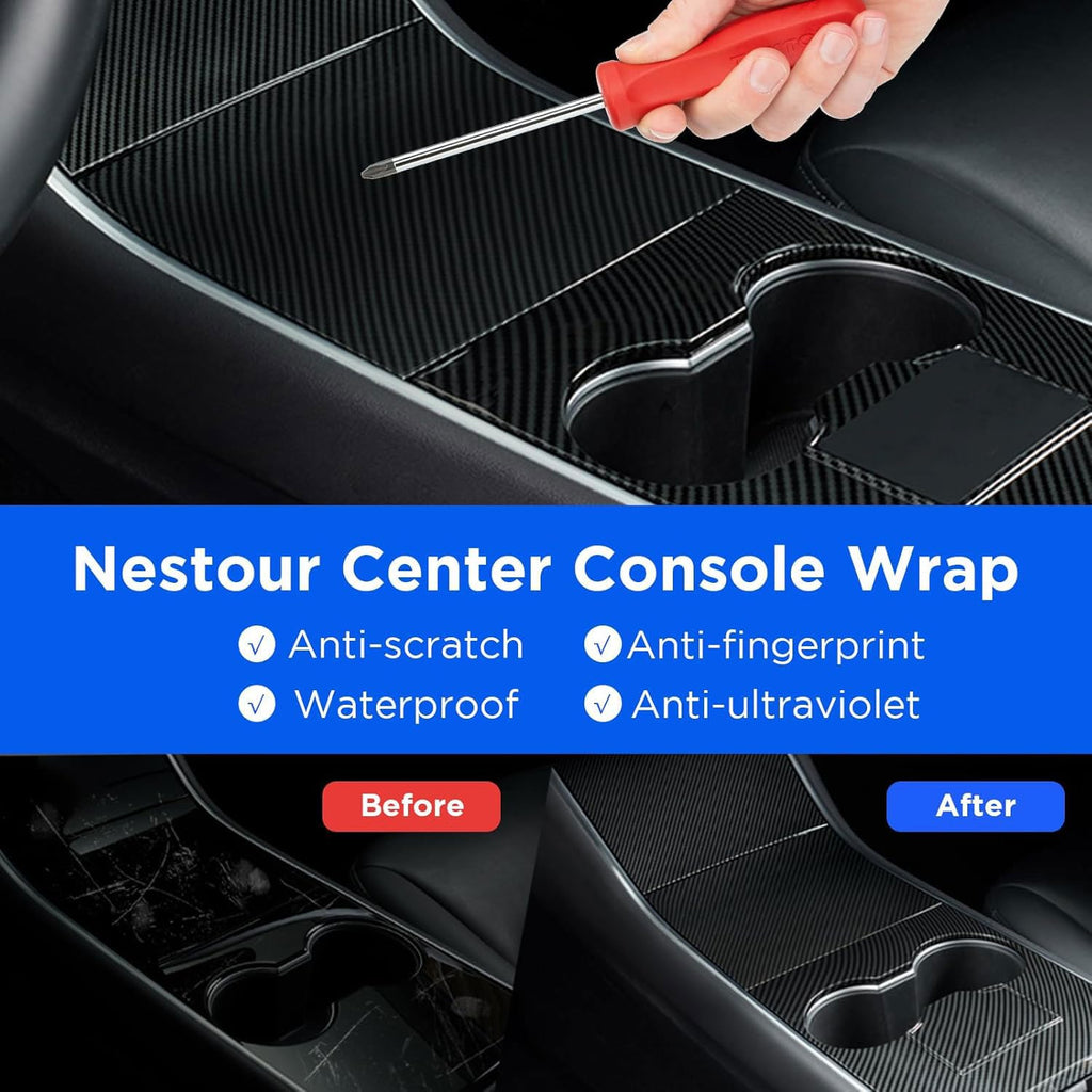 Nestour Center Console Wrap Cover Kit Fit for Tesla Model 3 Model Y 2016-2020, Non-Trace Remove Center Console Protector Accessories, Premium ABS Material. (Glossy Carbon Fiber)