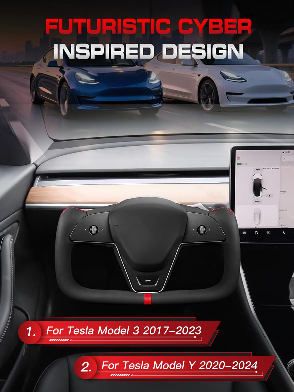 TESFEEL Heated Yoke Steering Wheel for Tesla Model 3 2017–2023, for Tesla Model Y 2020–2024, Black Nappa Leather with Red Center Stripe, Hand-Stitched, 1:1 Factory Fitment