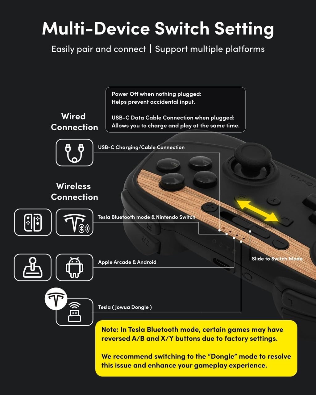 Jowua Multi-Device Wireless Controller Compatible for Tesla 2025 New Model Y Model 3/Y/S/X/cybertruck Compatible for Switch, one controller set, SPECIAL PROGRAMMED and DESIGN FOR TESLA WOOD [nintendo_switch,windows,ios,android]