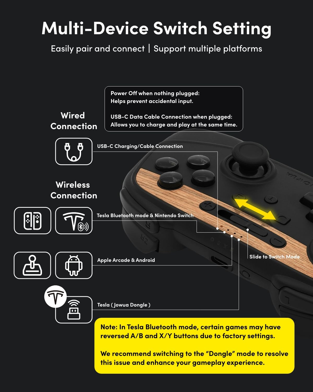 Jowua Multi-Device Wireless Controller Compatible for Tesla 2025 New Model Y Model 3/Y/S/X/cybertruck Compatible for Switch, one controller set, SPECIAL PROGRAMMED and DESIGN FOR TESLA WOOD [nintendo_switch,windows,ios,android]