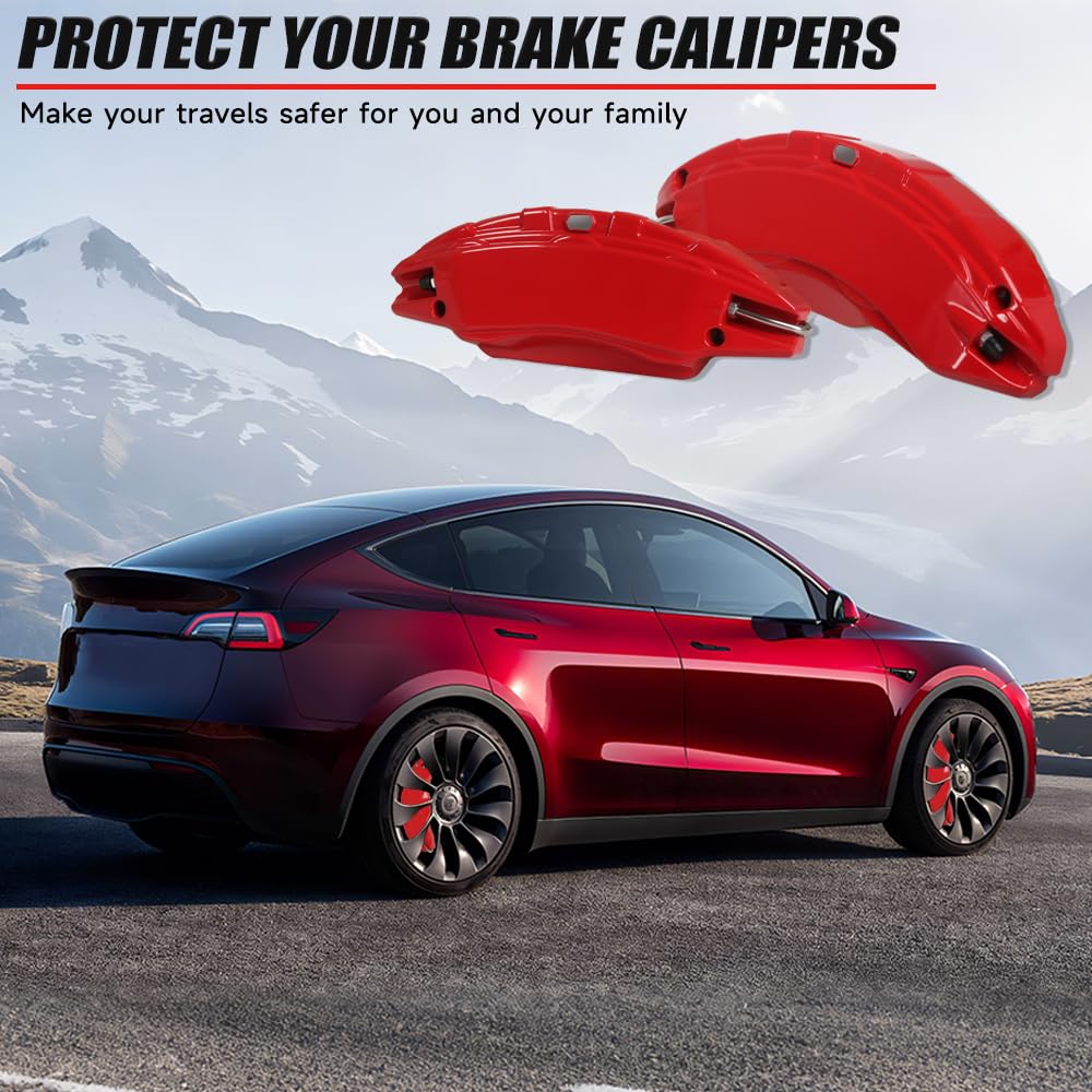 Brake Caliper Covers Compatible with Tesla Model Y Juniper 2025-2026, 19 20 inch Front and Rear Brake Wheel Hub Brake Caliper Covers 4 Pcs For Model Y Juniper Accessories Red