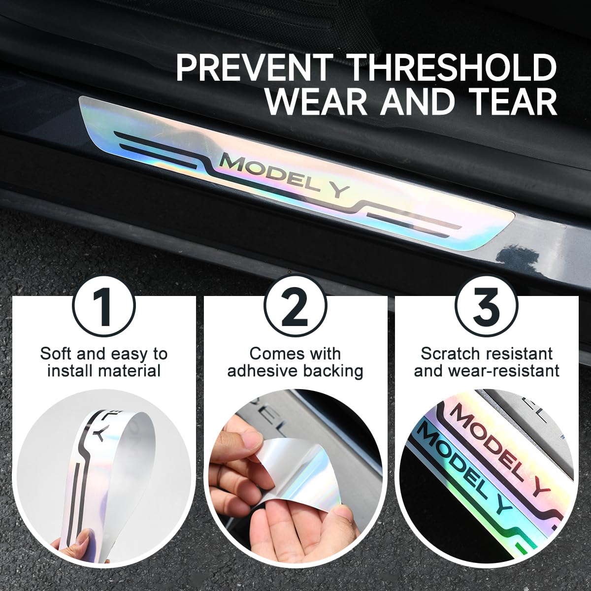 4PCS Car Door Sill Protector for Tesla Model Y/3 Car Threshold Stickers Decoration Scuff Plate Sticker, Waterproof Door Threshold Strips Exterior Accessories for Tesla Model 3/Y (Textured-Y)