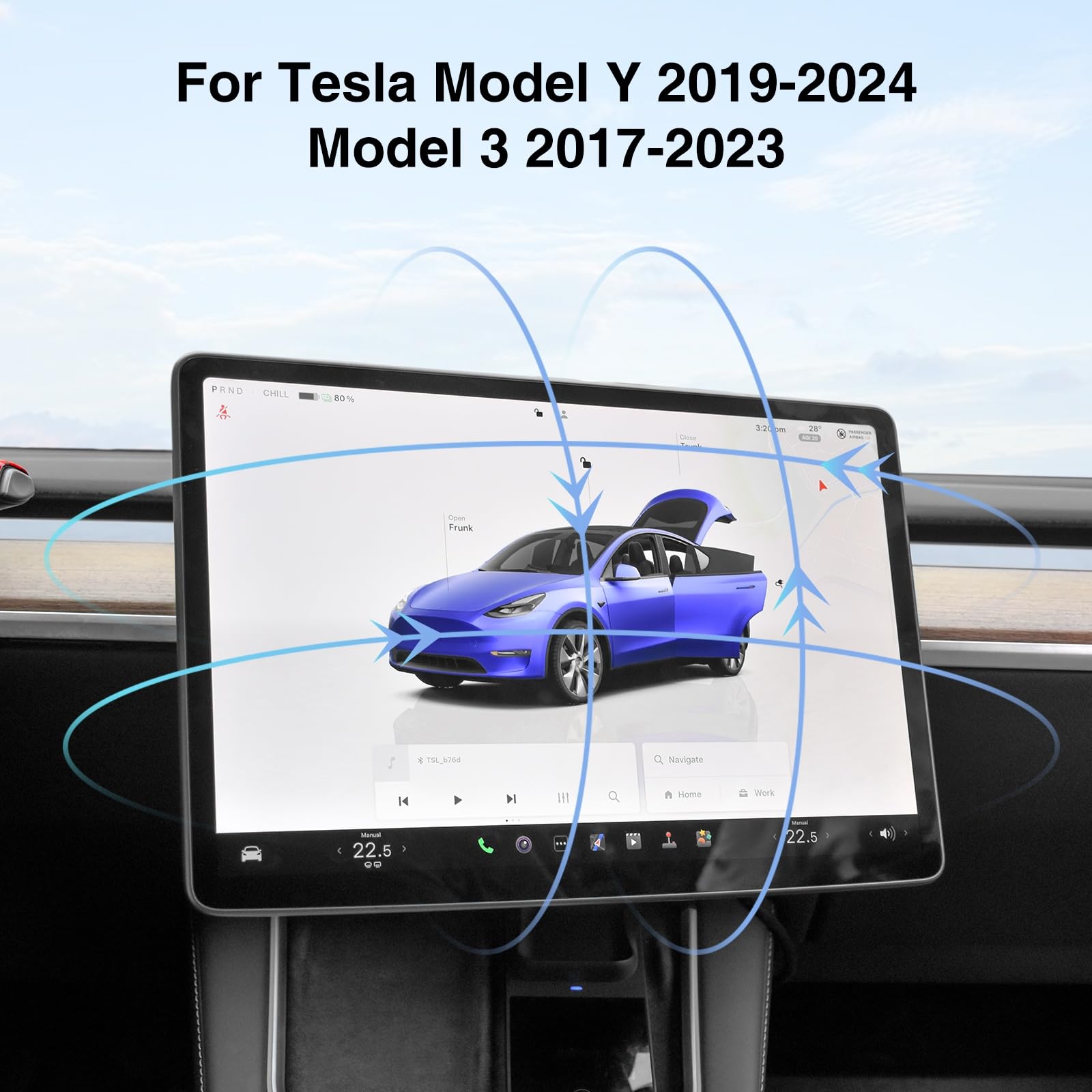 AAMHHM Screen Swivel Mount for Tesla Model Y 2019-2024 & Model 3 2017-2023 Left/Right 30° Up/Down 15° Rotating Four Directions Aluminium Alloy Tesla Screen Rotating Bracket