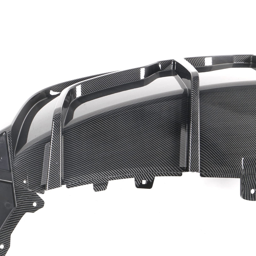 IKON MOTORSPORTS, Rear Diffuser Compatible with 2020-2024 Tesla Model Y, Carbon Fiber Print IKON Style PP Rear Bumper Lip Shark Fin Splitter Replacement 3PC, 2021