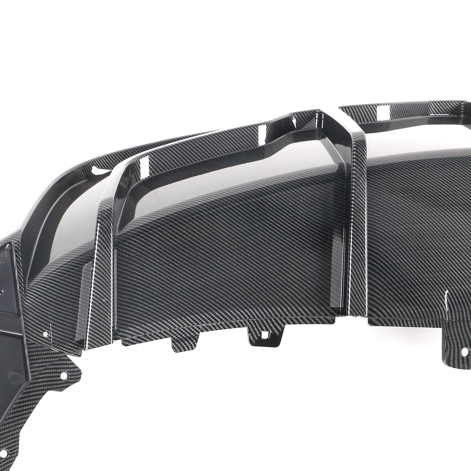 IKON MOTORSPORTS, Rear Diffuser Compatible with 2020-2024 Tesla Model Y, Carbon Fiber Print IKON Style PP Rear Bumper Lip Shark Fin Splitter Replacement 3PC, 2021