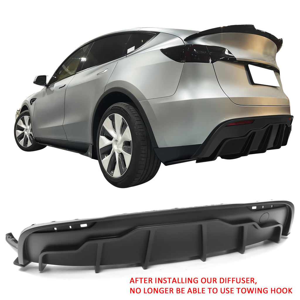 IKON MOTORSPORTS, Rear Diffuser Compatible with 2020-2024 Tesla Model Y, Matte Black IKON Style PP Rear Bumper Lip Shark Fin Splitter Replacement 3PC, 2021