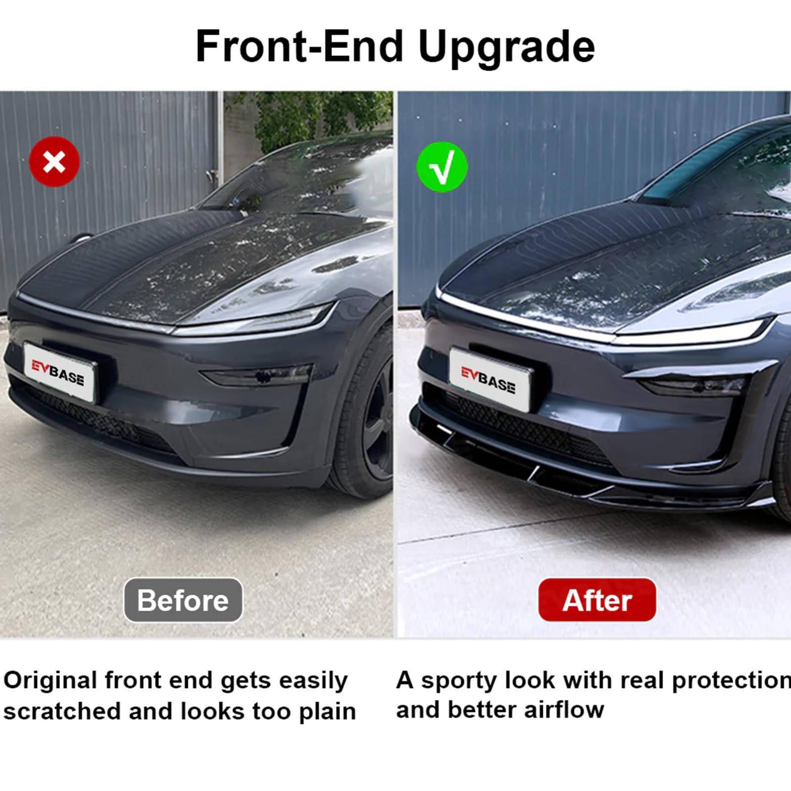 EVBASE Fang-Style Front Lip for Tesla Model Y Juniper 2025-2026, Matte Black ABS Bumper Splitter Body Kit
