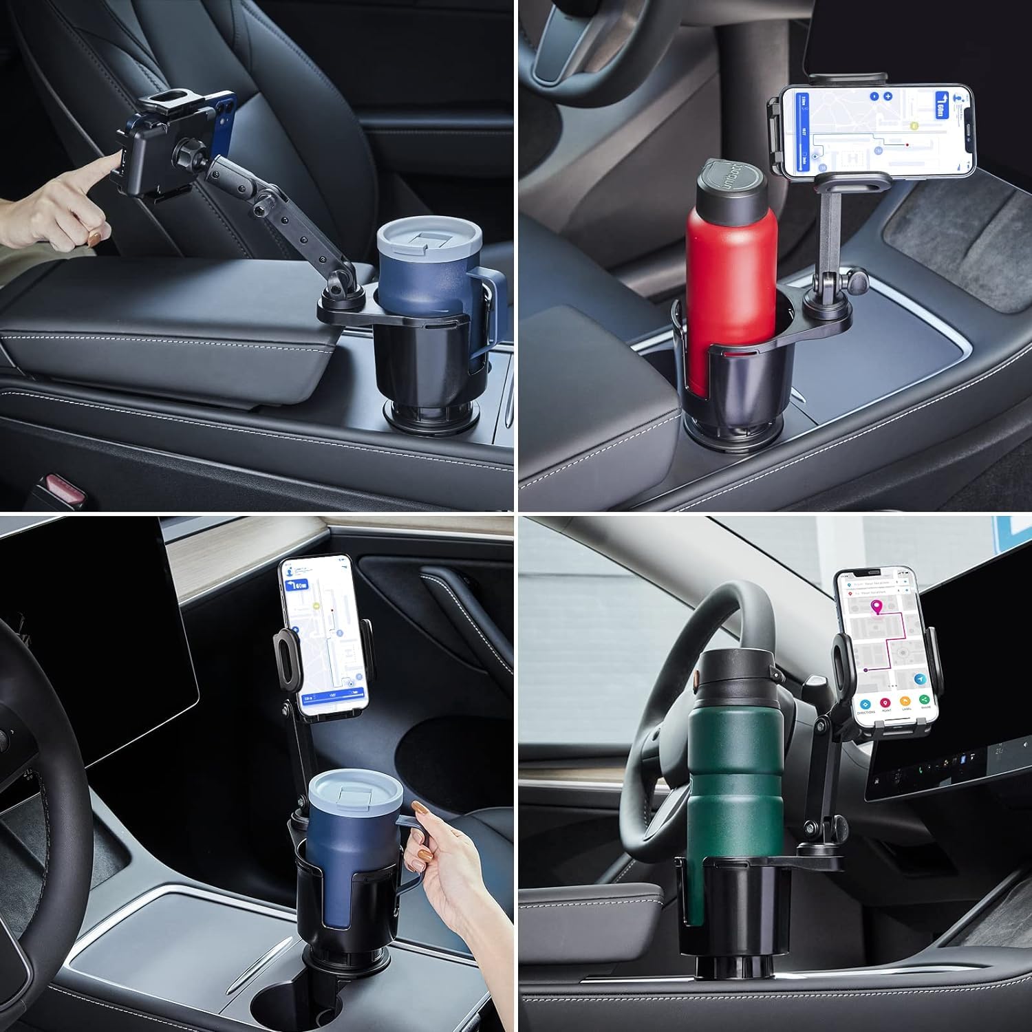 This Hill Car Cup Holder Expander Adjustable Base with Phone Mount 360° Rotation Cup Holder Cell Phone Holder for Car Compatible with iPhone All Smartphones