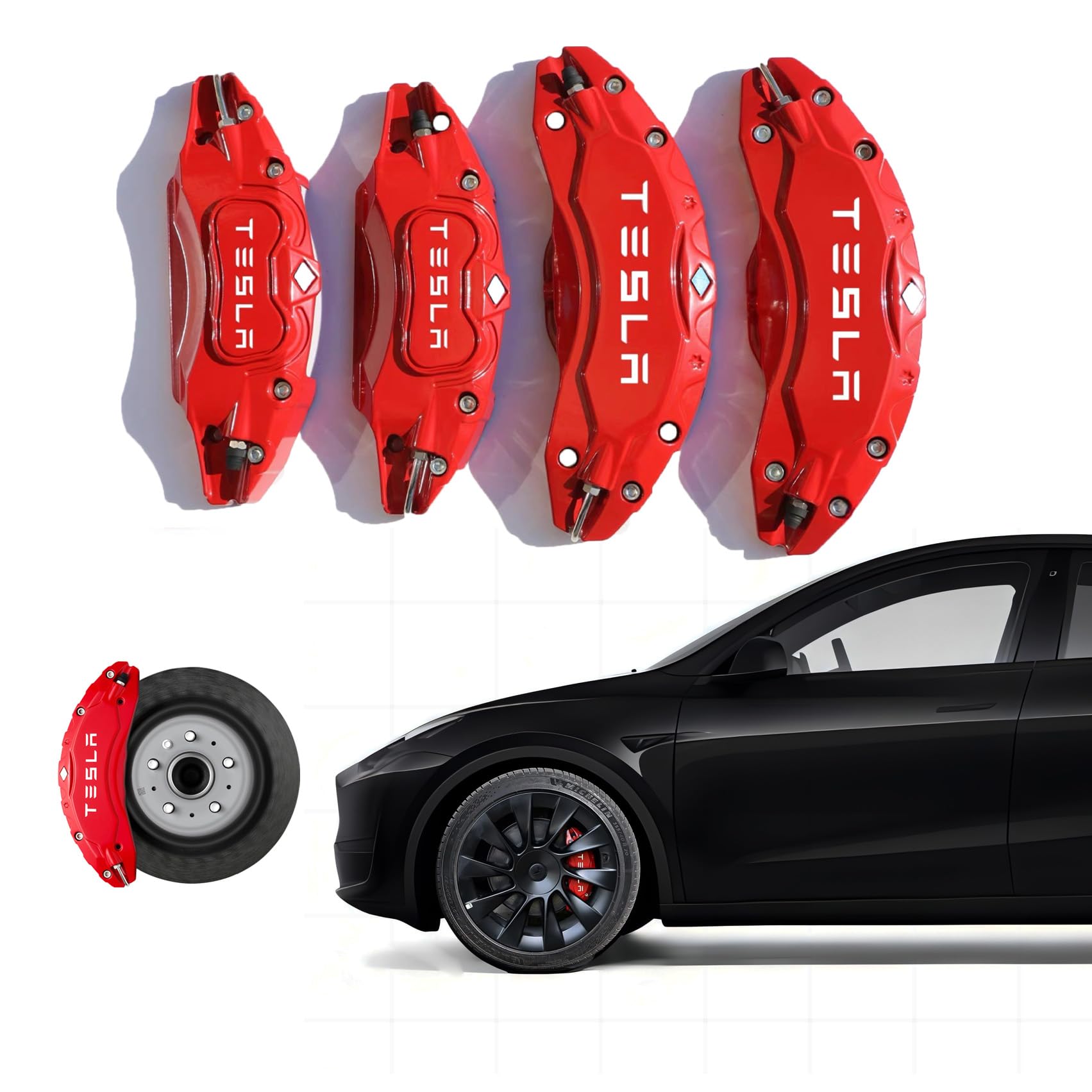 Caliper Covers for Compatible with for Tesla Model Y Accessories, 2020-2024 19 20 Inch Wheel Hub Front and Rear Brake Caliper Covers - Red Front and Rear Brake Not for Model 3 (Model Y 2020-2024)