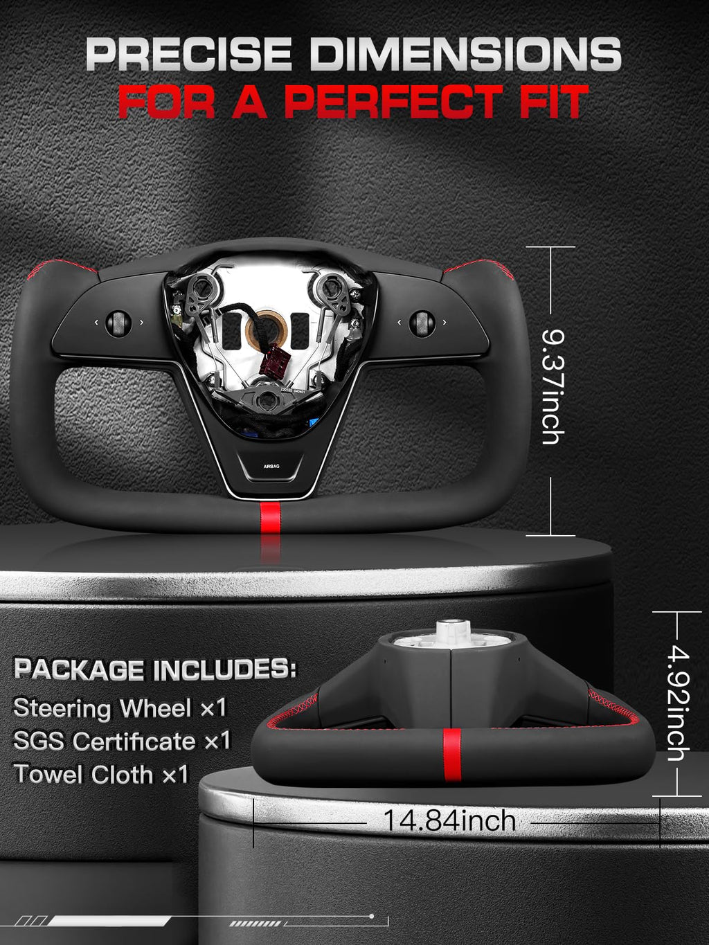 TESFEEL Heated Yoke Steering Wheel for Tesla Model 3 2017–2023, for Tesla Model Y 2020–2024, Black Nappa Leather with Red Center Stripe, Hand-Stitched, 1:1 Factory Fitment