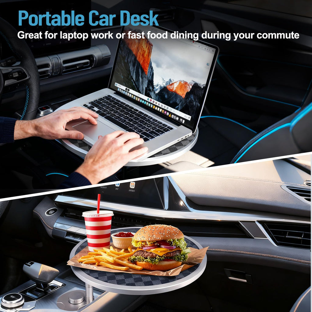Car Tray Table & Car Desk for Laptop with 2 Risers and Anti-Slip Pad, 360° Rotating Cup Holder for Working and Eating Compatible with Tesla Model 3/Y/S, Ford F150/Explorer/Maverick & Most Vehicles/EV