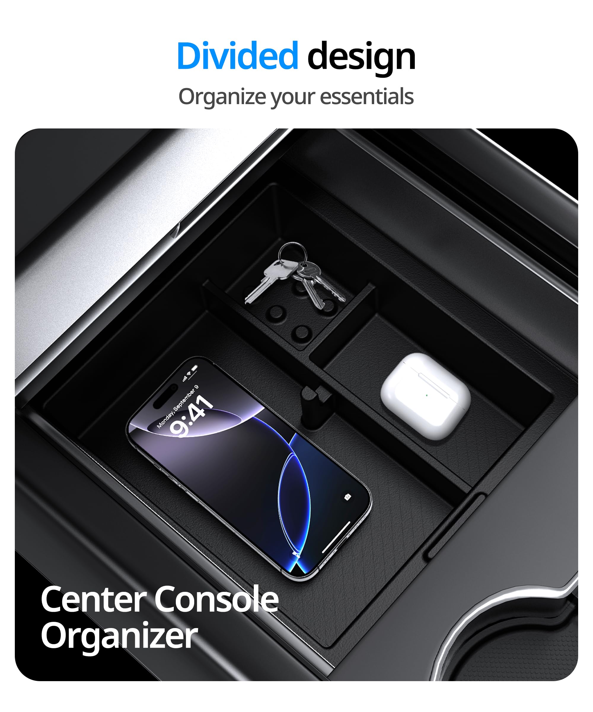 UBeesize Tesla Model Y Juniper Accessories (2025-2026), Center Console Organizer Tray for Model 3 Highland(2024-2025), Double-Layer Sliding Armrest Hidden Storage Box, 5PCS Black