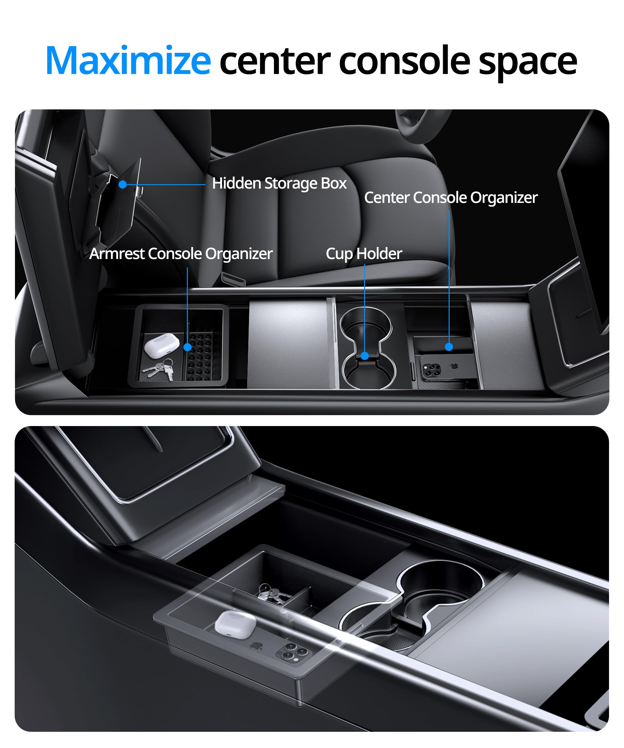 UBeesize Tesla Model Y Juniper Accessories (2025-2026), Center Console Organizer Tray for Model 3 Highland(2024-2025), Double-Layer Sliding Armrest Hidden Storage Box, 5PCS Black