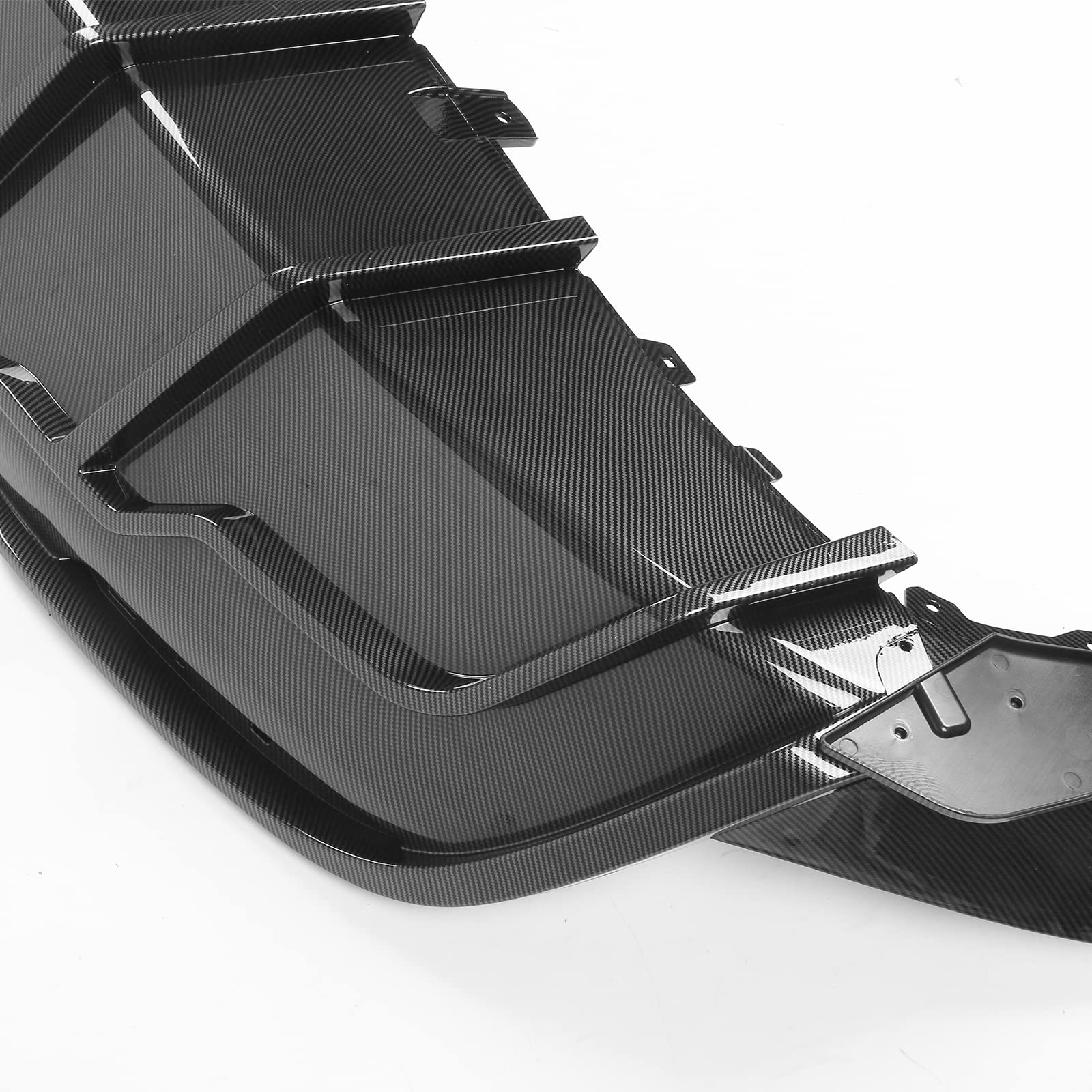 IKON MOTORSPORTS, Rear Diffuser Compatible with 2020-2024 Tesla Model Y, Carbon Fiber Print IKON Style PP Rear Bumper Lip Shark Fin Splitter Replacement 3PC, 2021