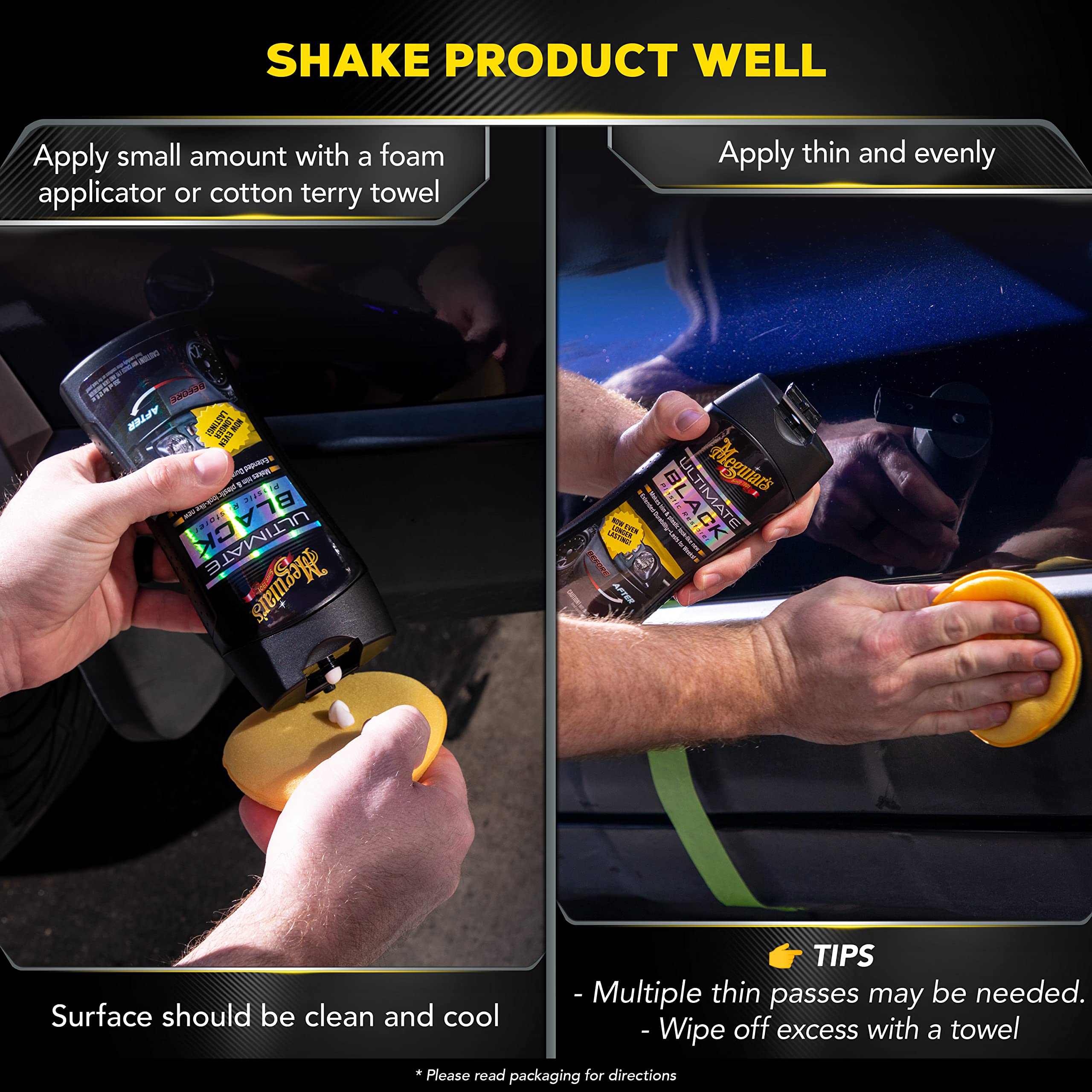 Meguiar's Ultimate Black Plastic Restorer, Durable Car Restorer That Gives New Life to Exterior Black Plastic, Vinyl, and Rubber Trim, 12 Oz Bottle