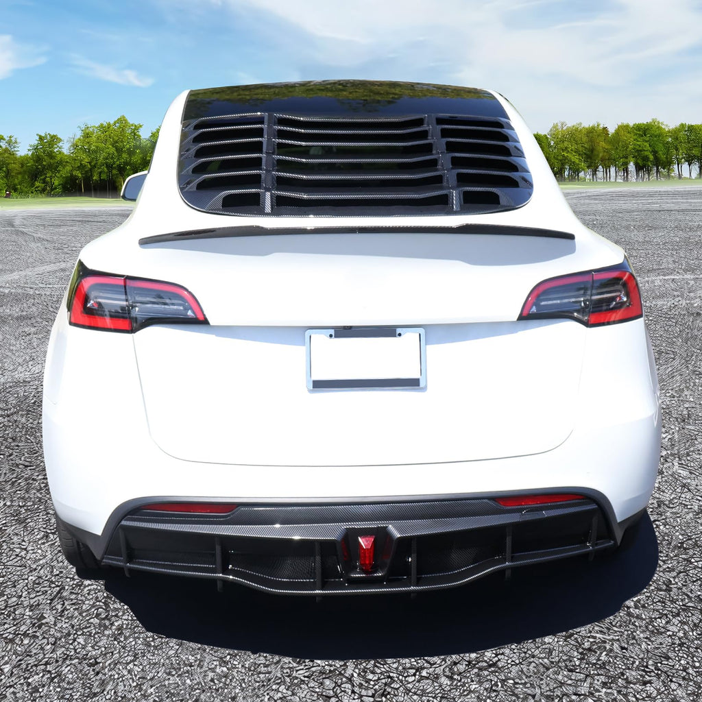FREEMOTOR802 Rear Diffuser with LED Light Fits 2020-2024 Tesla Model Y, Add-on Carbon Fiber Print PP IKON Style Rear Bumper Molding Protector Lip with LED Lamp