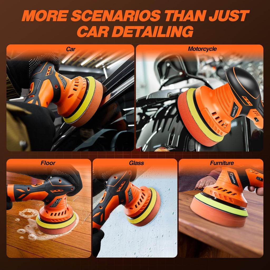 Saker Cordless Buffer Polisher, 6 Inch Fast Charging Portable Car Polishing Kit with 2PCS 12V 2000mAh Batteries, Polisher for Car Detailing Polishing Waxing (Orange, Buffer Polisher+2 Batteries+1 Bag)