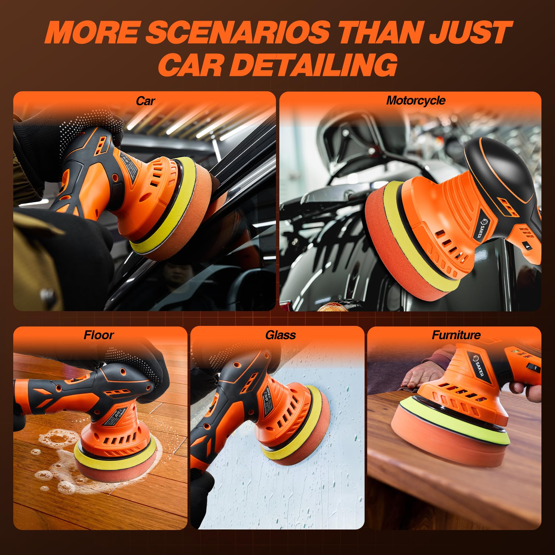 Saker Cordless Buffer Polisher, 6 Inch Fast Charging Portable Car Polishing Kit with 2PCS 12V 2000mAh Batteries, Polisher for Car Detailing Polishing Waxing (Orange, Buffer Polisher+2 Batteries+1 Bag)