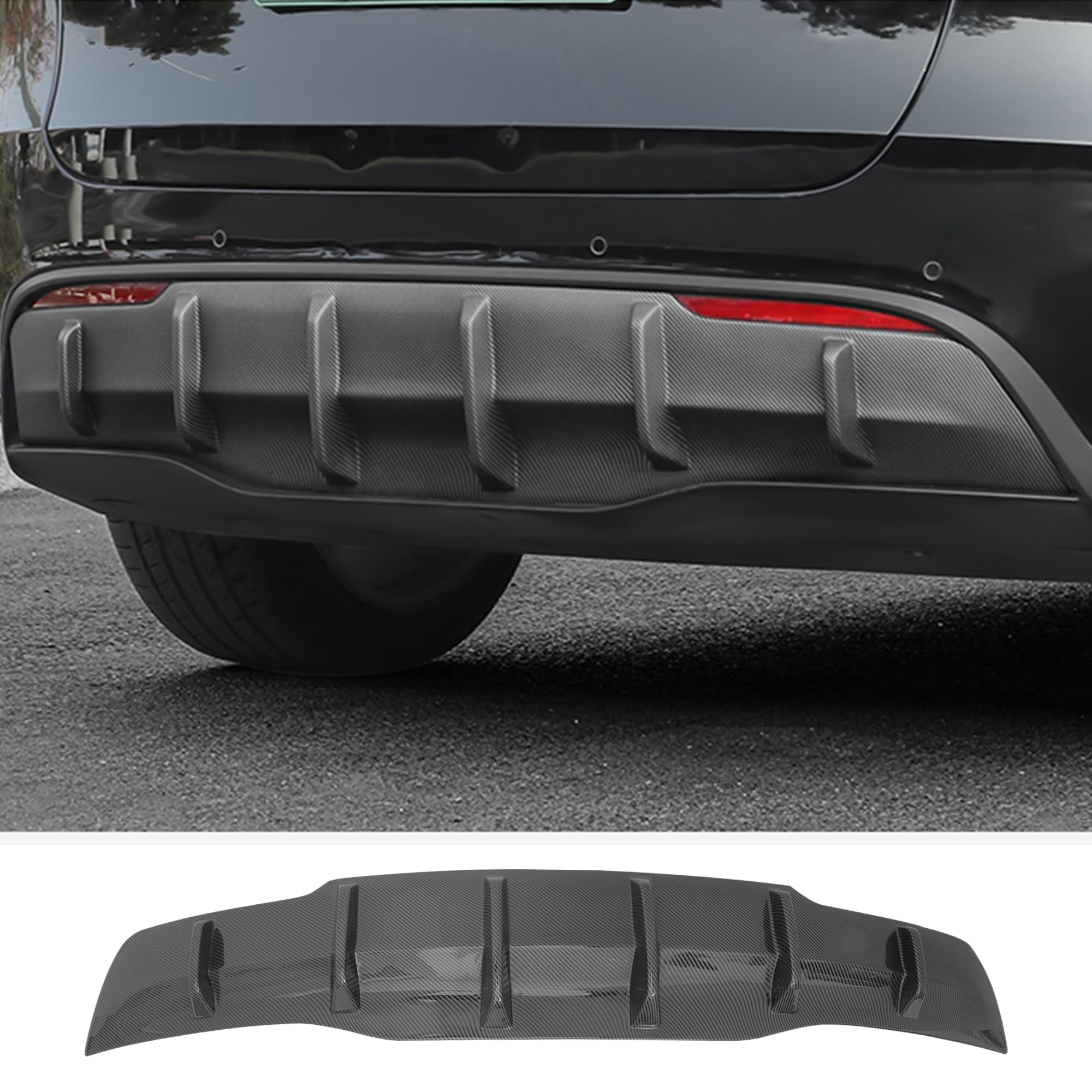 Rear Diffuser for Tesla Model Y (2020-2025) – No Drilling. This Rear Bumper molding Protector Lip is Made of PP Material with Not Applicable Juniper (Matte Carbon Fiber)