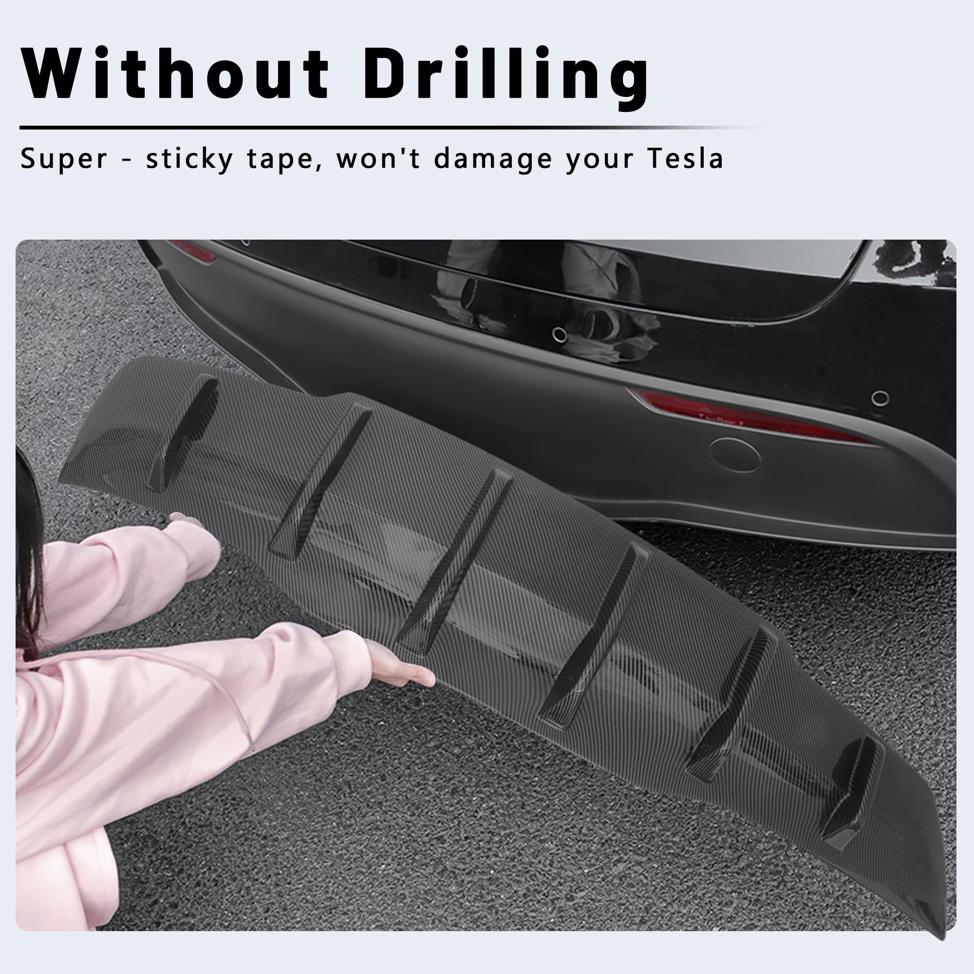 Rear Diffuser for Tesla Model Y (2020-2025) – No Drilling. This Rear Bumper molding Protector Lip is Made of PP Material with Not Applicable Juniper (Matte Carbon Fiber)