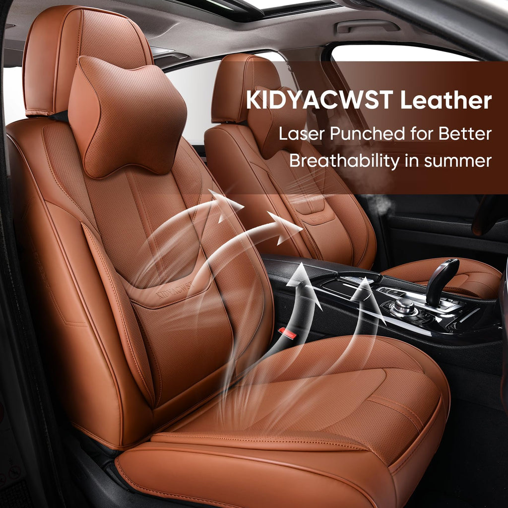 KIDYACWST Auto Car Seat Covers Accessories Full Set Leather Cushion Protector Breathable Waterproof Seat Cover for Cars Universal Fit (Brown, Front Pair and Rear)