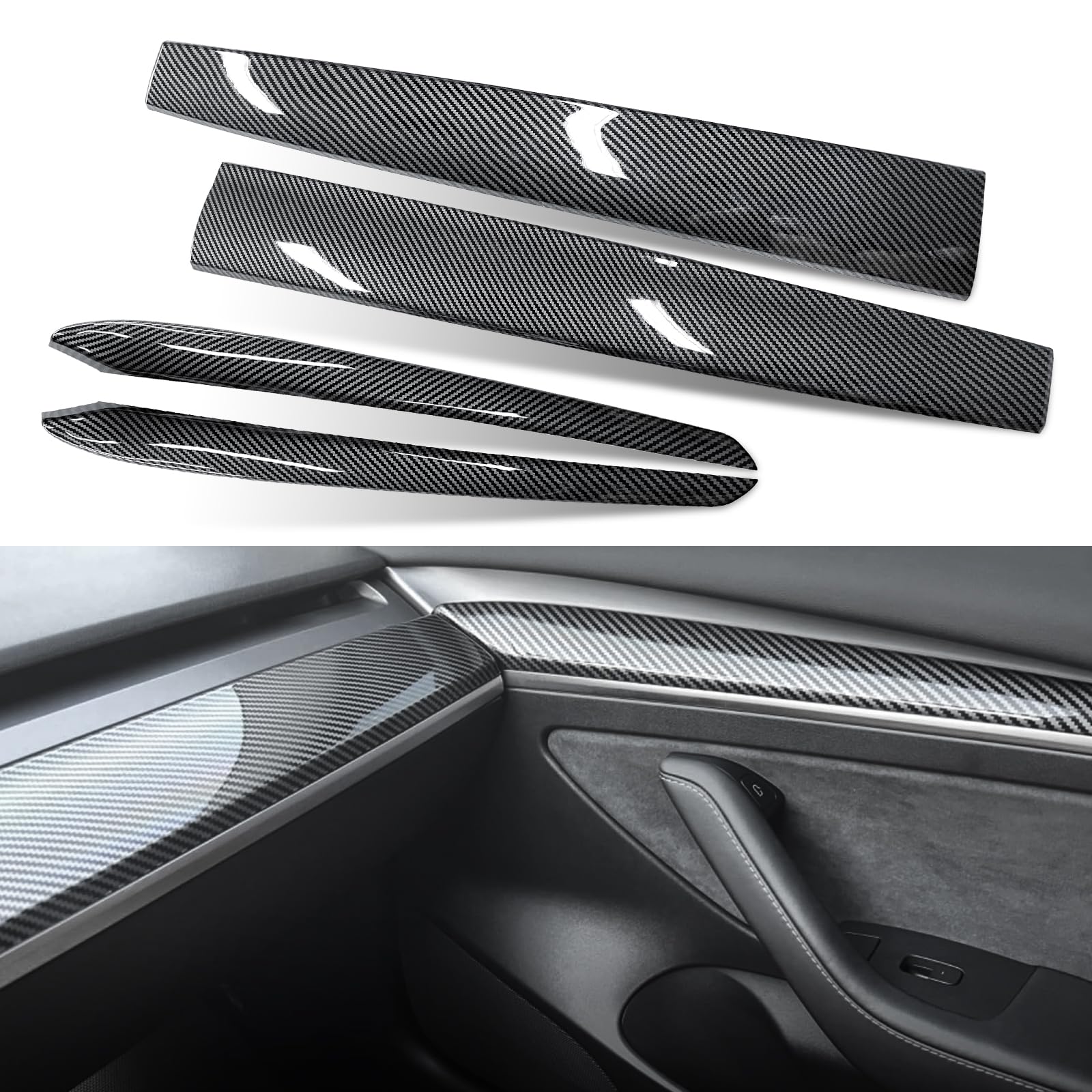 Carbon Fiber-ISH Dashboard/Door trim panel cover - (Diamond Star Inspected/Approved) Fits 2019-2024 Tesla Model Y & 2021-2023 Model 3  - M3 & MY Tesla Interior Cover Panels 4PCS-Gloss Carbon Fiber - $58.99