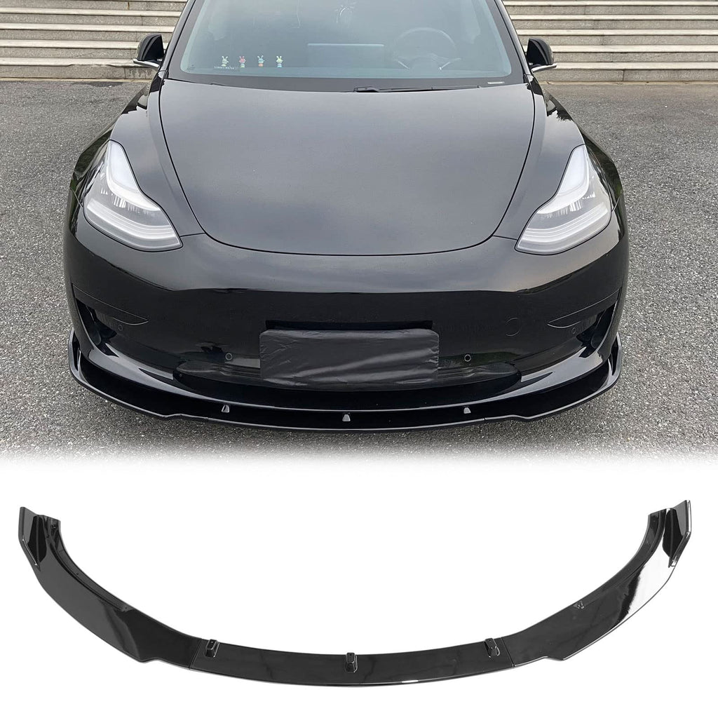 FREEMOTOR802 Compatible with 2017-2023 Tesla Model 3 Sedan 4-Door Front Bumper Lip, IKON Style Gloss Black PP Front Bumper Lower Chin Spoiler Splitter