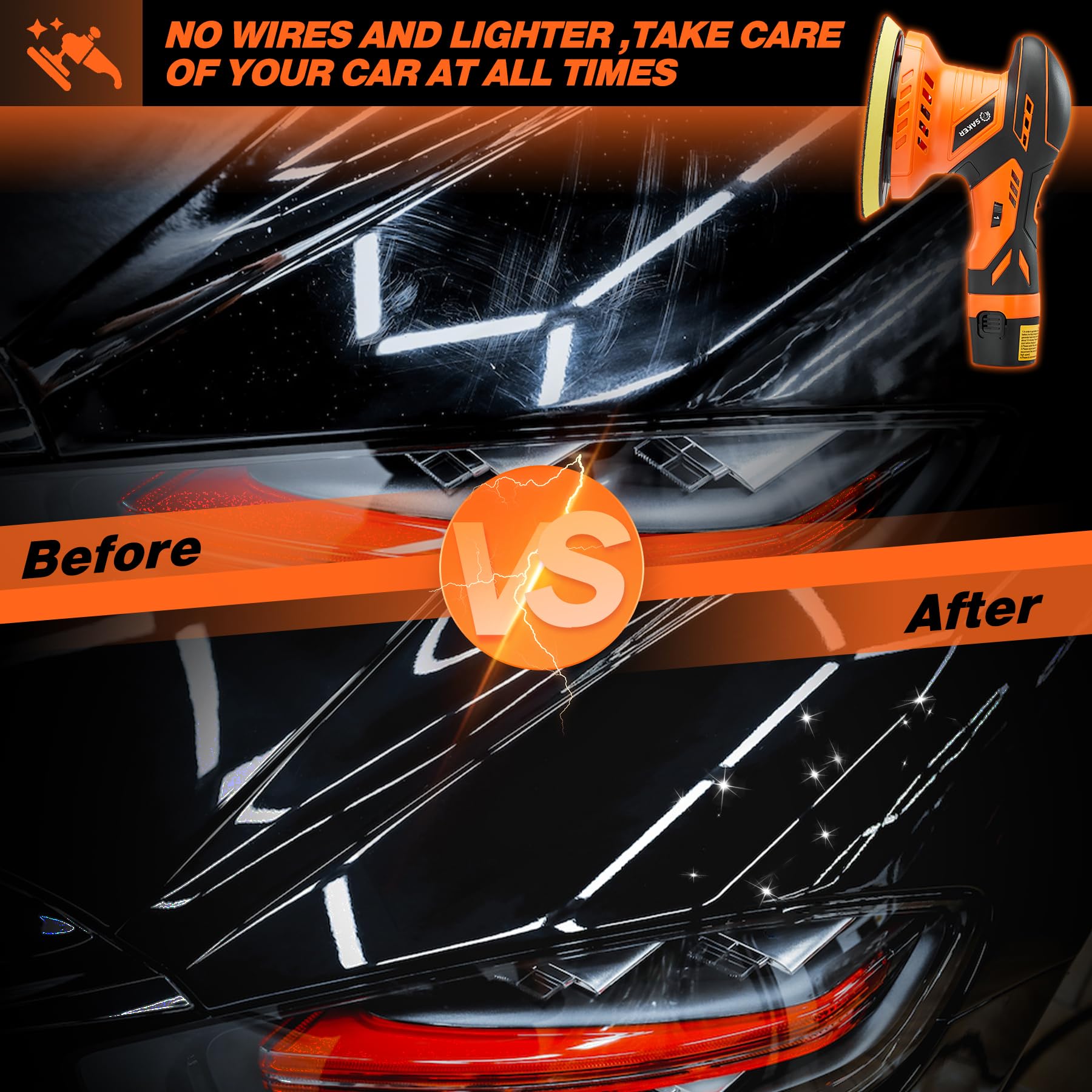 Saker Cordless Buffer Polisher, 6 Inch Fast Charging Portable Car Polishing Kit with 2PCS 12V 2000mAh Batteries, Polisher for Car Detailing Polishing Waxing (Orange, Buffer Polisher+2 Batteries+1 Bag)