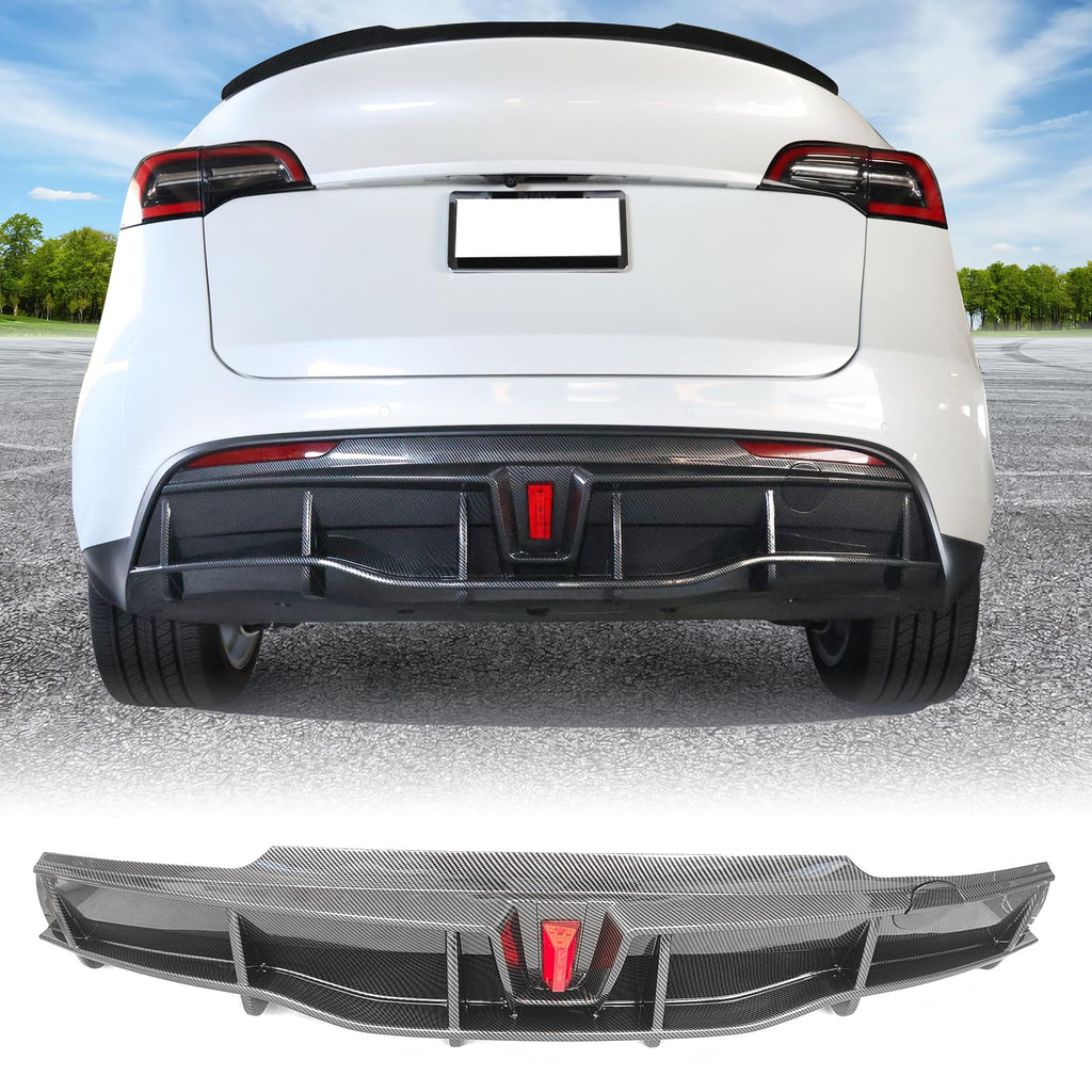 FREEMOTOR802 Rear Diffuser with LED Light Fits 2020-2024 Tesla Model Y, Add-on Carbon Fiber Print PP IKON Style Rear Bumper Molding Protector Lip with LED Lamp