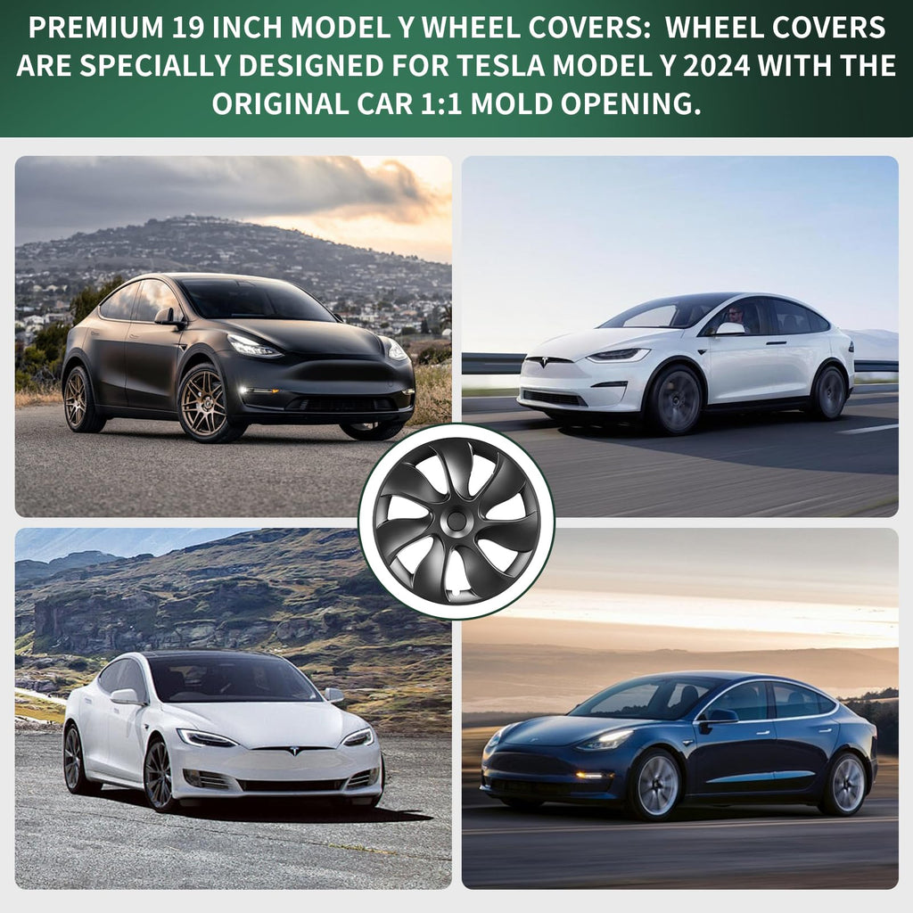 Tesla Model Y Wheel Covers, 19 Inch, 4-Piece Set, Matte Black ABS, Snap-in Installation, 2020-2024 Compatible