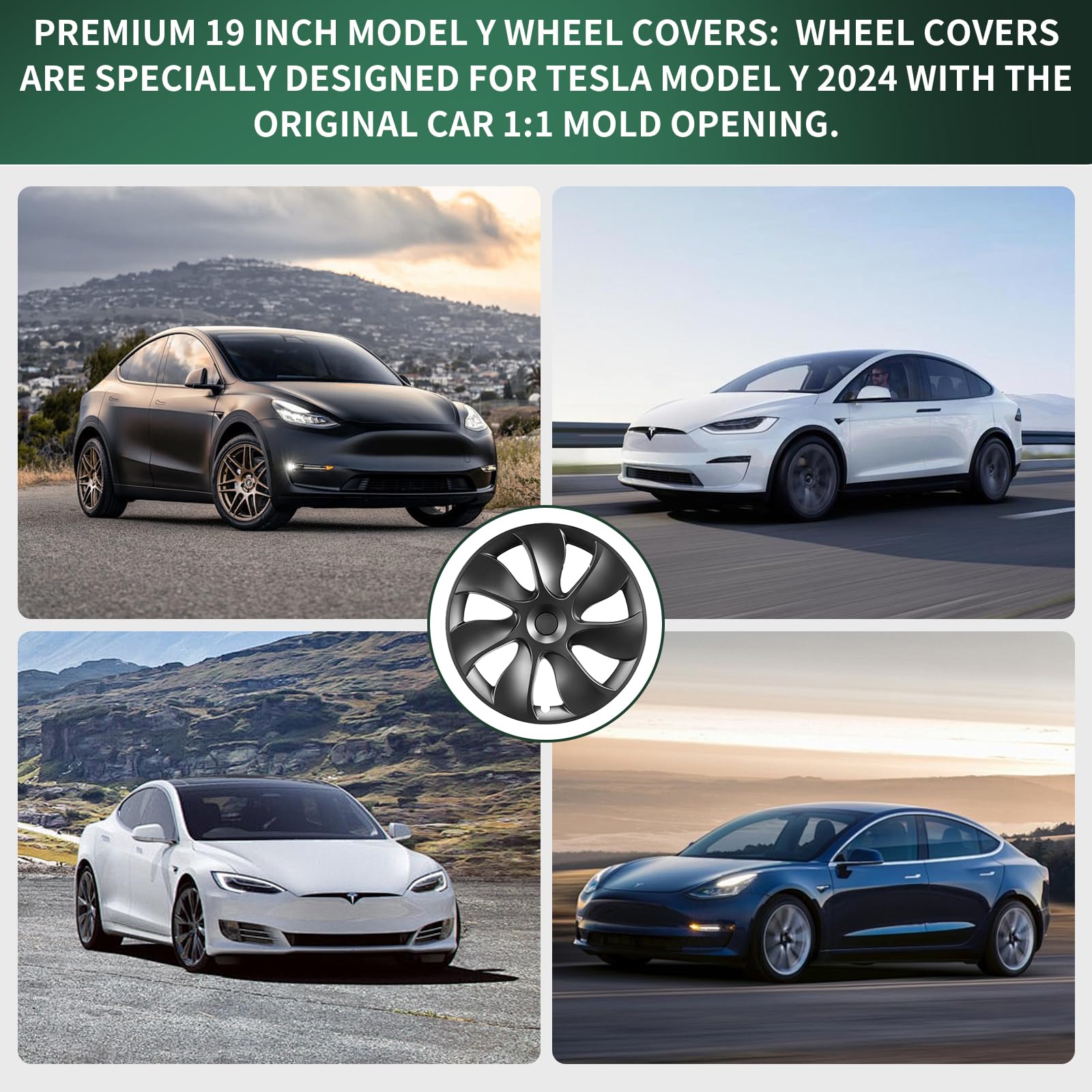 Tesla Model Y Wheel Covers, 19 Inch, 4-Piece Set, Matte Black ABS, Snap-in Installation, 2020-2024 Compatible