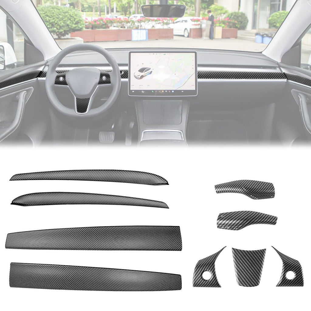 Fancemot 9 PCS Carbon Fiber Interior Decor Trim Cover Kit Compatible with 2021-2023 Tesla Model 3 & 2019-2024 Model Y, Dashboard Cover Door Panel Cover Steering Lever Cover Steering Wheel Cover