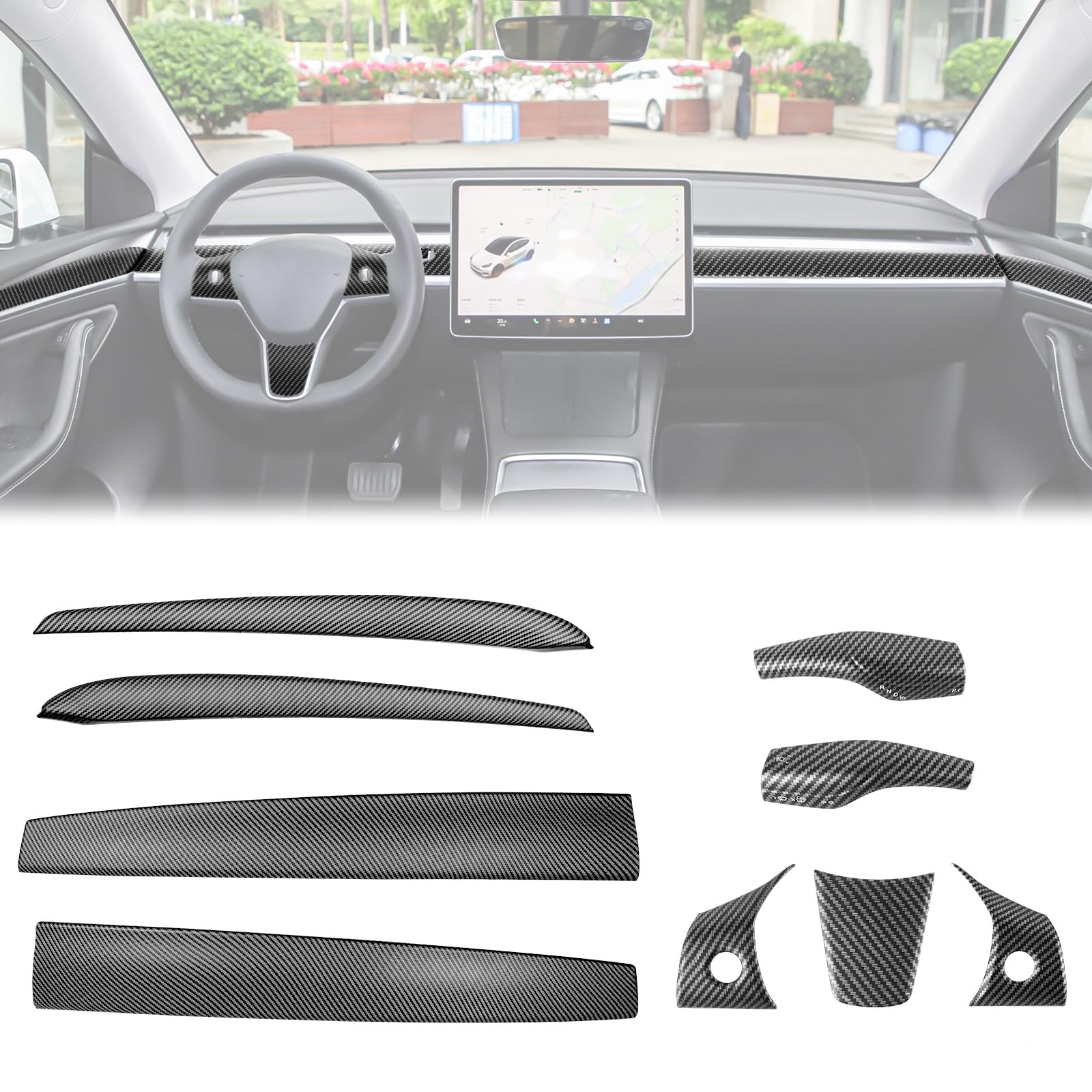 Fancemot 9 PCS Carbon Fiber Interior Decor Trim Cover Kit Compatible with 2021-2023 Tesla Model 3 & 2019-2024 Model Y, Dashboard Cover Door Panel Cover Steering Lever Cover Steering Wheel Cover