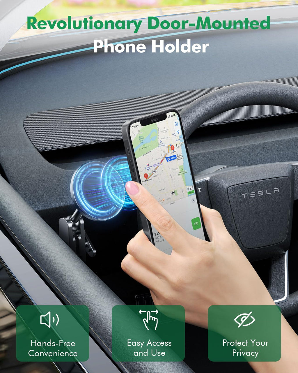 ESVNE Mag-Safe Phone Mount for Tesla Model 3 2024 2025 – Exclusive Door-Install Magnetic Car Mount for iPhone 16/15/14/13/12, Accessories for Tesla Model 3 Highland