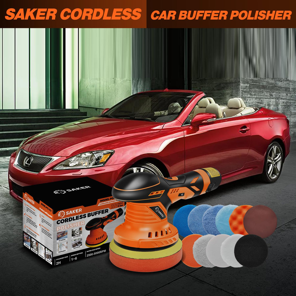 Saker Cordless Buffer Polisher, 6 Inch Fast Charging Portable Car Polishing Kit with 2PCS 12V 2000mAh Batteries, Polisher for Car Detailing Polishing Waxing (Orange, Buffer Polisher+2 Batteries+1 Bag)