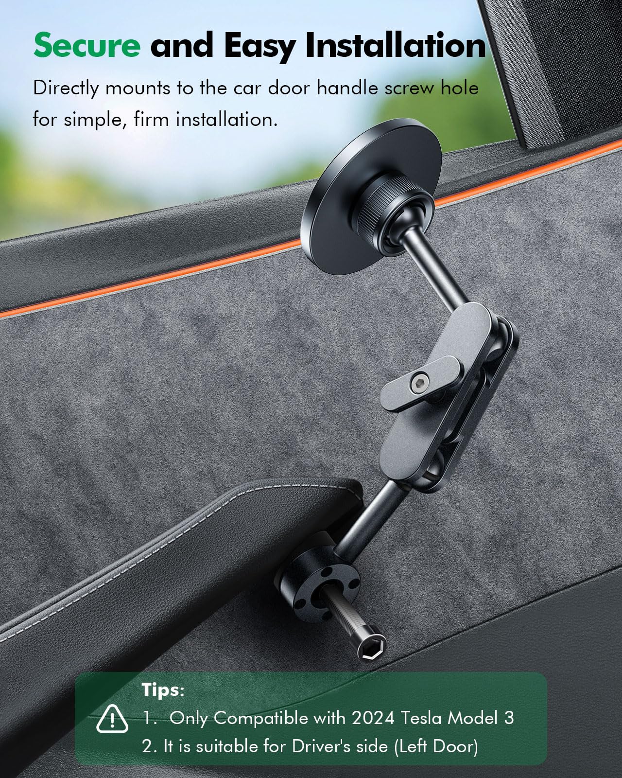 ESVNE Mag-Safe Phone Mount for Tesla Model 3 2024 2025 – Exclusive Door-Install Magnetic Car Mount for iPhone 16/15/14/13/12, Accessories for Tesla Model 3 Highland