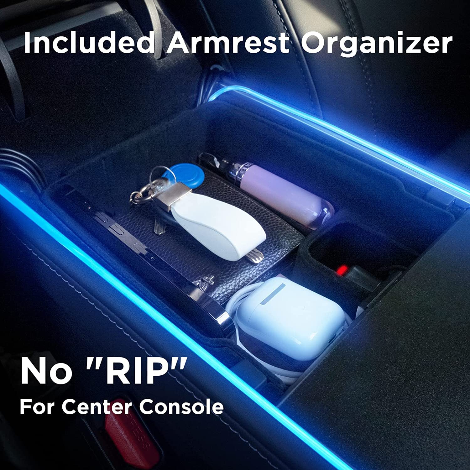 Nestour Interior Car Neon Lights Fit for Tesla Model 3 Y 2021 2022 2023 (Center Console+Dashboard+2 Foot Lights) with Armrest Organizer, Tesla Ambient Lighting, APP-Controlled RGB LED Strip Lights