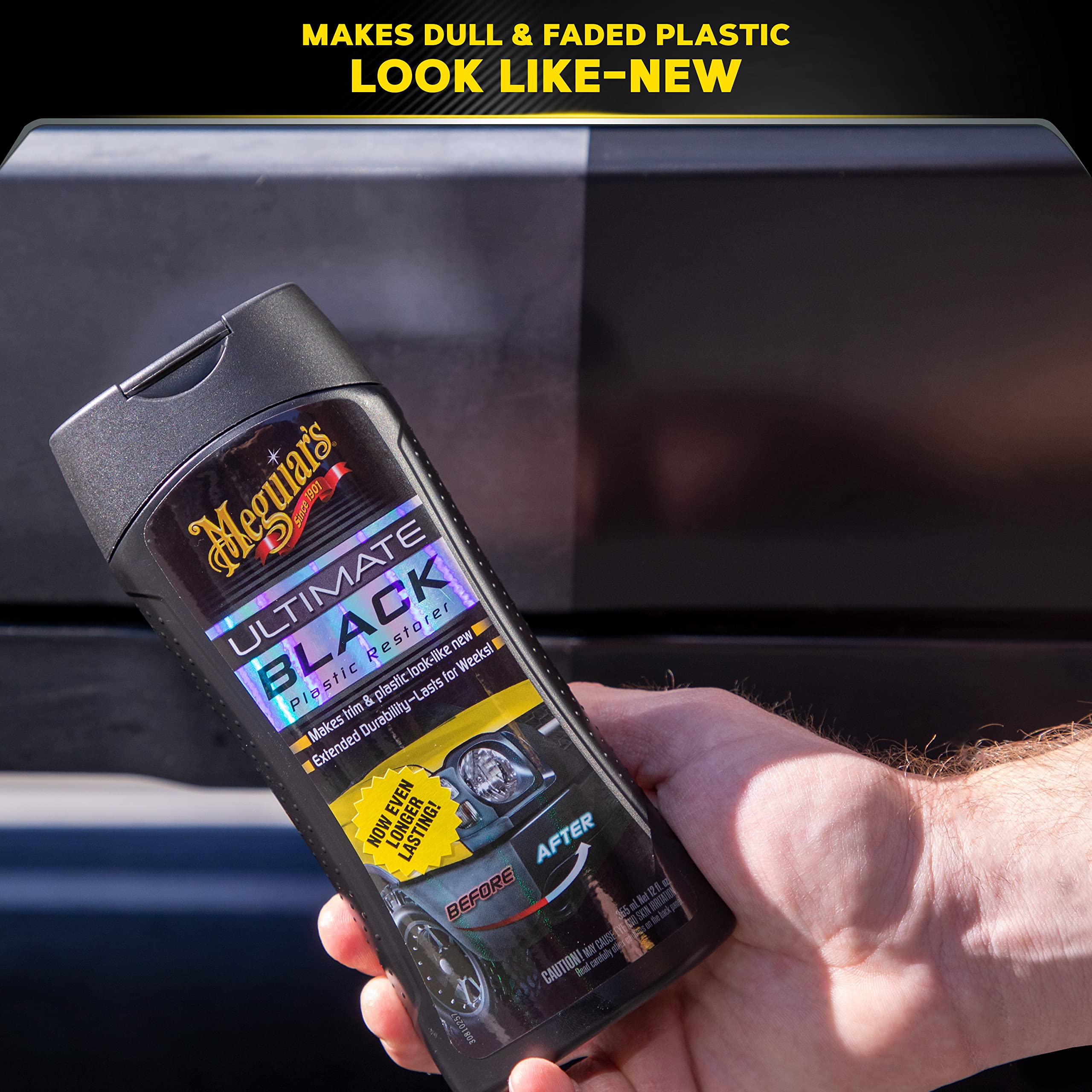 Meguiar's Ultimate Black Plastic Restorer, Durable Car Restorer That Gives New Life to Exterior Black Plastic, Vinyl, and Rubber Trim, 12 Oz Bottle