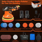 Saker Cordless Buffer Polisher, 6 Inch Fast Charging Portable Car Polishing Kit with 2PCS 12V 2000mAh Batteries, Polisher for Car Detailing Polishing Waxing (Orange, Buffer Polisher+2 Batteries+1 Bag)