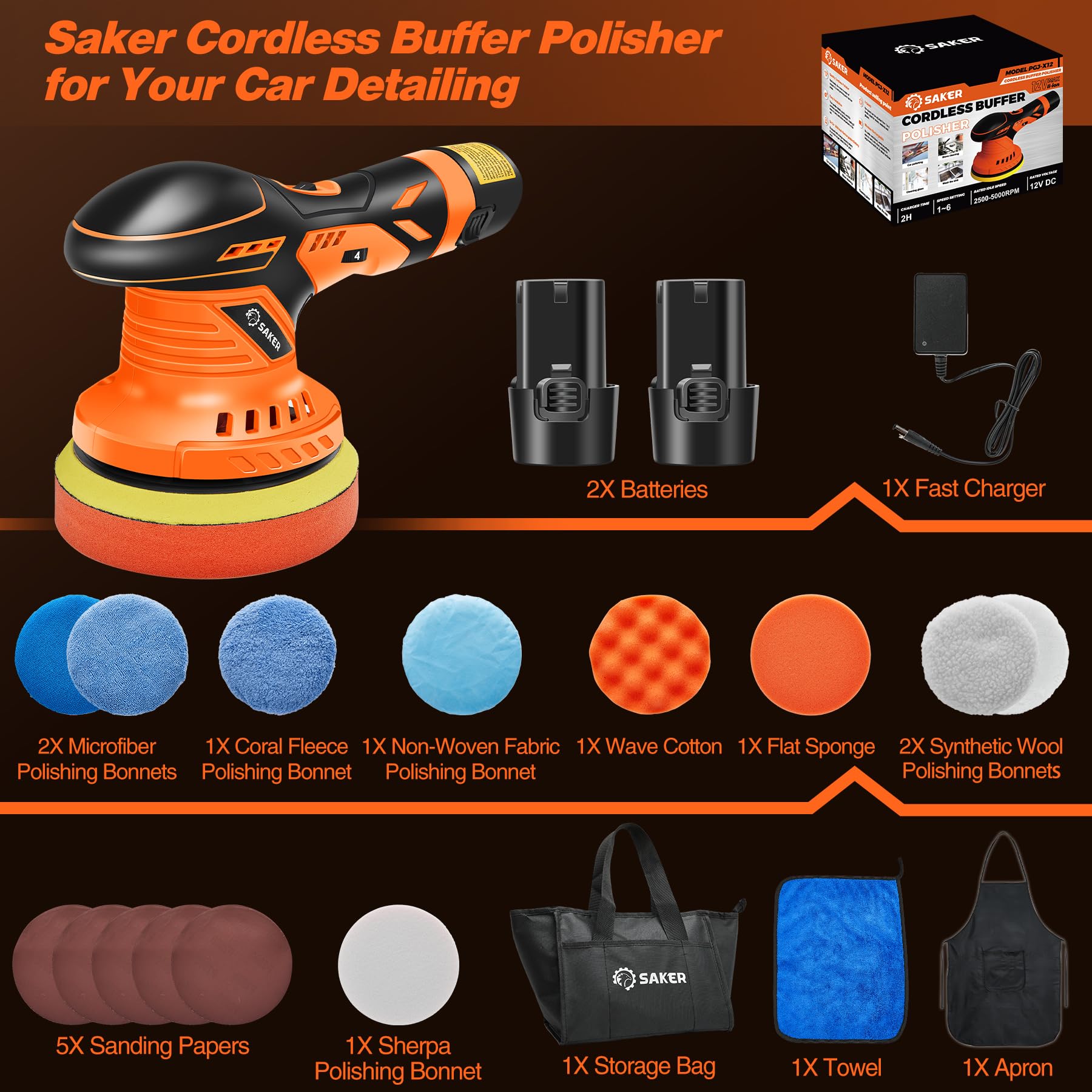 Saker Cordless Buffer Polisher, 6 Inch Fast Charging Portable Car Polishing Kit with 2PCS 12V 2000mAh Batteries, Polisher for Car Detailing Polishing Waxing (Orange, Buffer Polisher+2 Batteries+1 Bag)