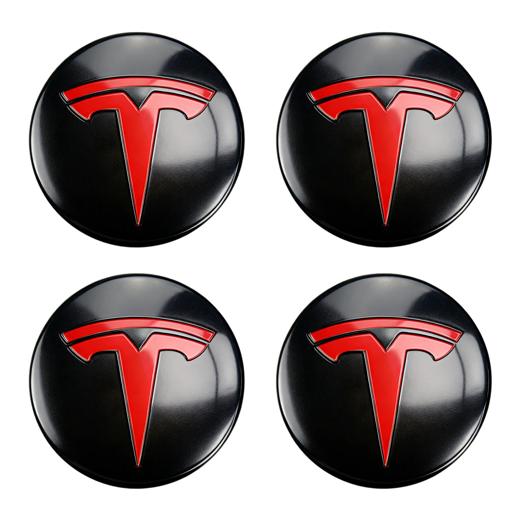 Wheel Cover Center Emblem Sticker for Tesla Model 3 Model Y Hubcaps Wheel Rim Cover Red Emblem & Gloss Black Background (4PCS) (Black& Red)