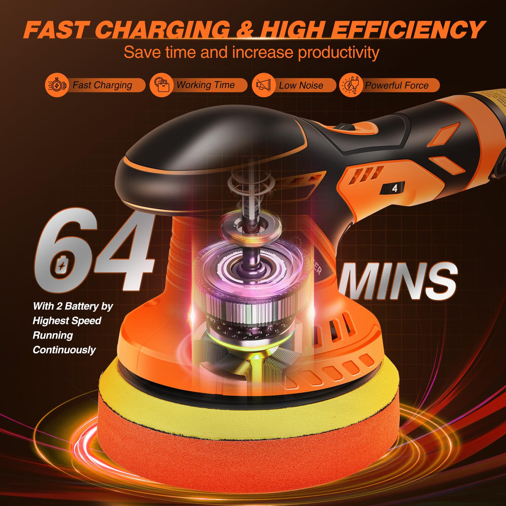 Saker Cordless Buffer Polisher, 6 Inch Fast Charging Portable Car Polishing Kit with 2PCS 12V 2000mAh Batteries, Polisher for Car Detailing Polishing Waxing (Orange, Buffer Polisher+2 Batteries+1 Bag)