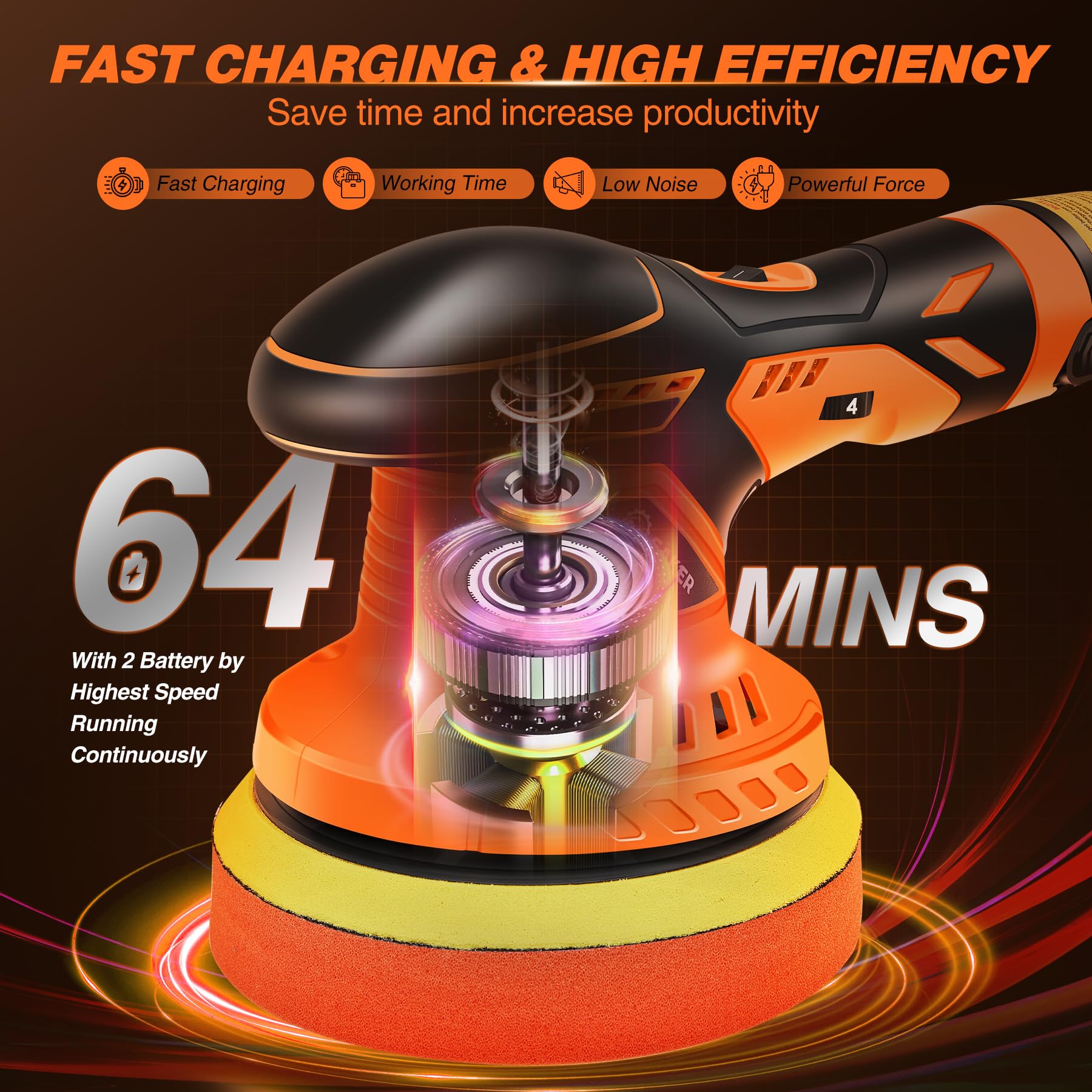 Saker Cordless Buffer Polisher, 6 Inch Fast Charging Portable Car Polishing Kit with 2PCS 12V 2000mAh Batteries, Polisher for Car Detailing Polishing Waxing (Orange, Buffer Polisher+2 Batteries+1 Bag)