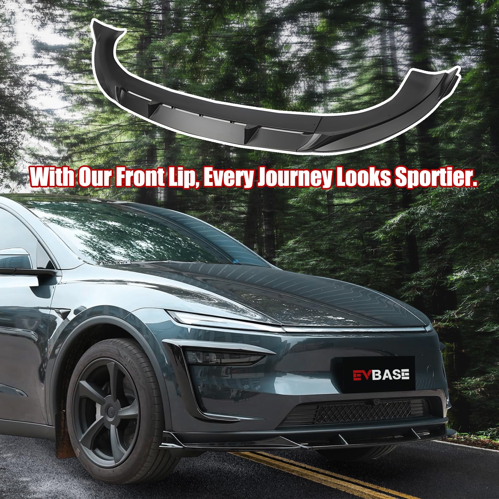 EVBASE Fang-Style Front Lip for Tesla Model Y Juniper 2025-2026, Matte Black ABS Bumper Splitter Body Kit