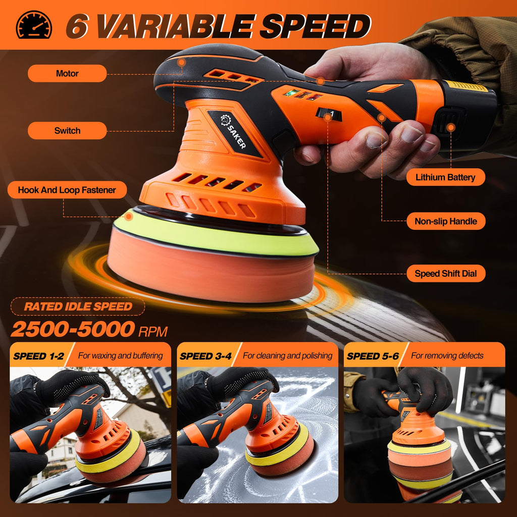 Saker Cordless Buffer Polisher, 6 Inch Fast Charging Portable Car Polishing Kit with 2PCS 12V 2000mAh Batteries, Polisher for Car Detailing Polishing Waxing (Orange, Buffer Polisher+2 Batteries+1 Bag)
