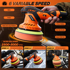 Saker Cordless Buffer Polisher, 6 Inch Fast Charging Portable Car Polishing Kit with 2PCS 12V 2000mAh Batteries, Polisher for Car Detailing Polishing Waxing (Orange, Buffer Polisher+2 Batteries+1 Bag)