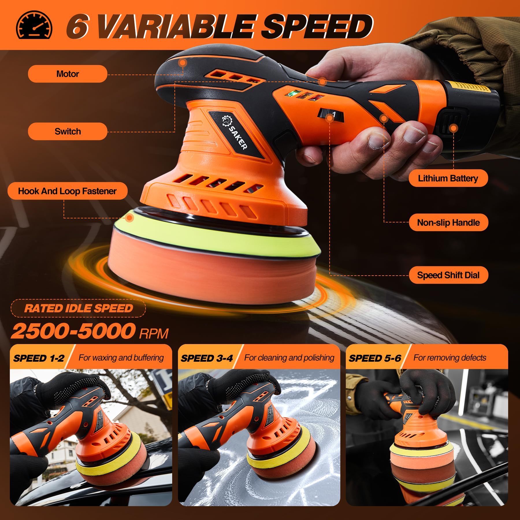 Saker Cordless Buffer Polisher, 6 Inch Fast Charging Portable Car Polishing Kit with 2PCS 12V 2000mAh Batteries, Polisher for Car Detailing Polishing Waxing (Orange, Buffer Polisher+2 Batteries+1 Bag)