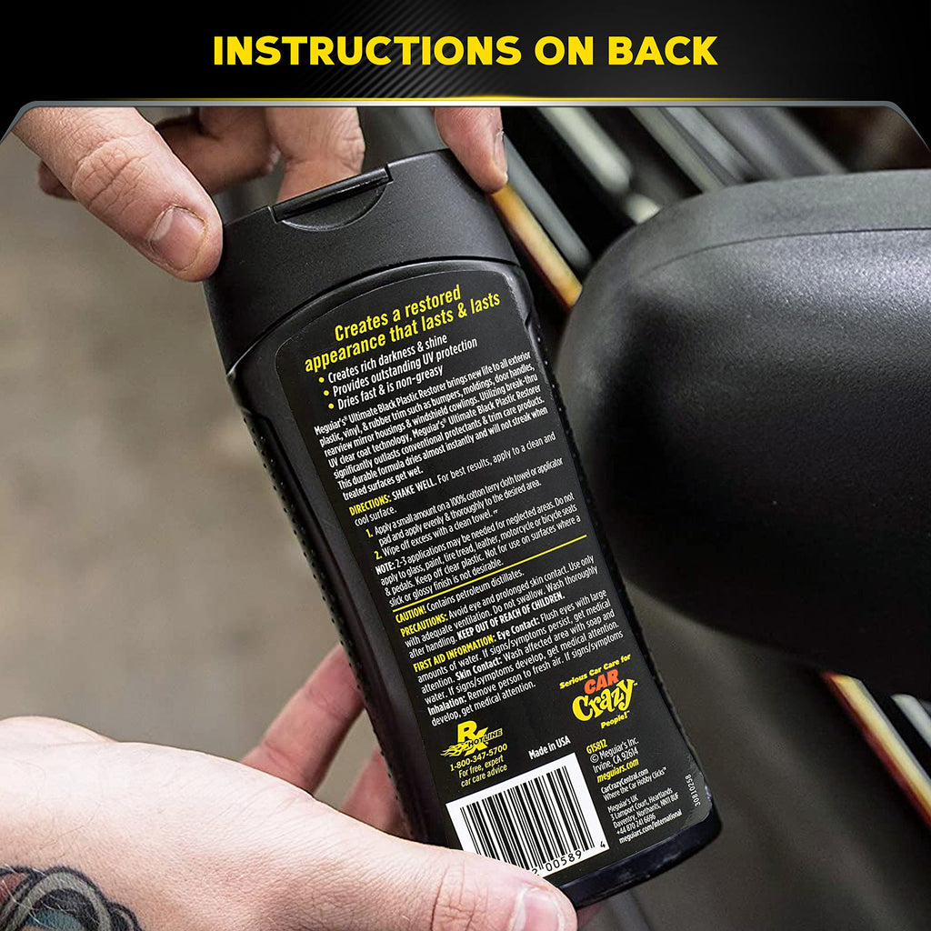 Meguiar's Ultimate Black Plastic Restorer, Durable Car Restorer That Gives New Life to Exterior Black Plastic, Vinyl, and Rubber Trim, 12 Oz Bottle