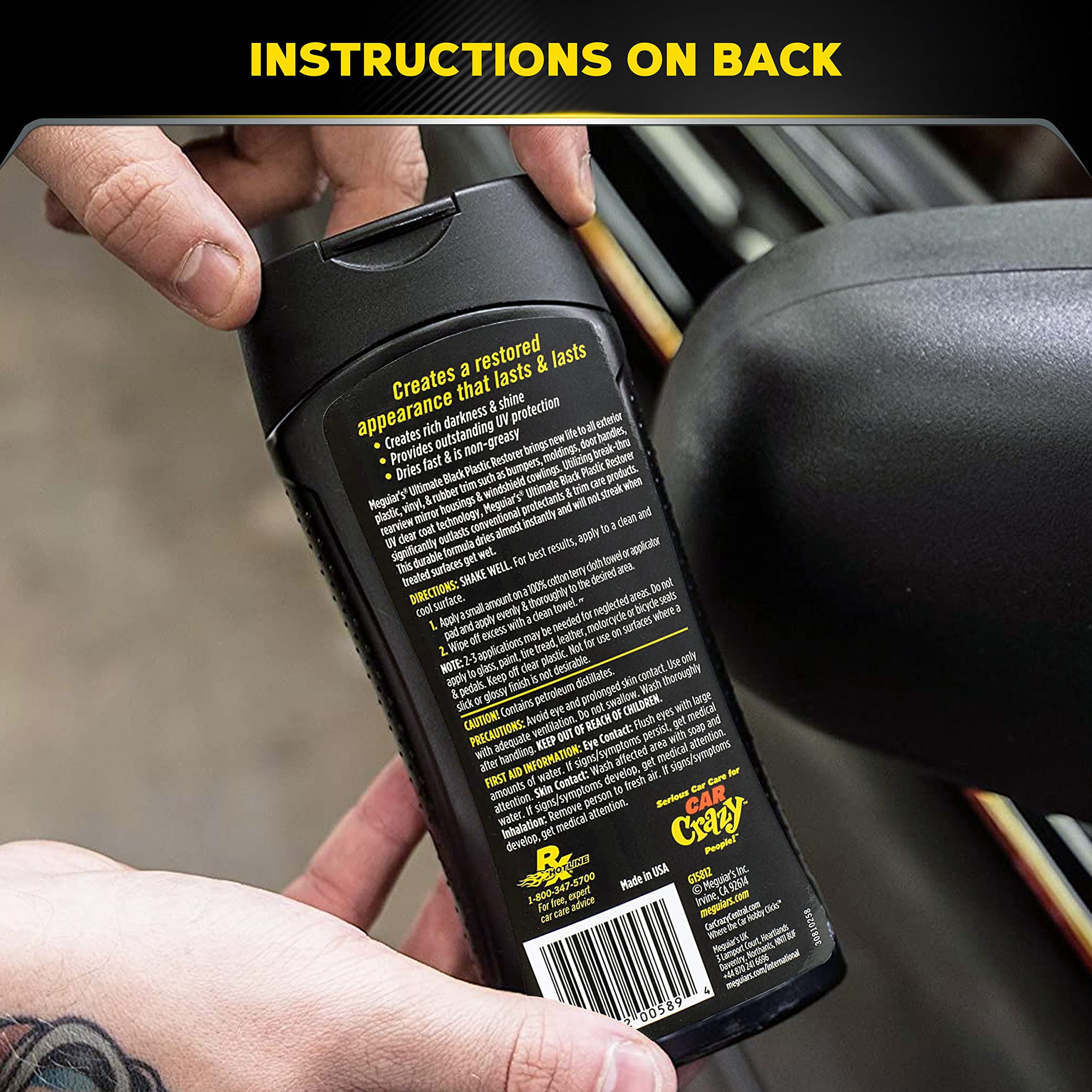 Meguiar's Ultimate Black Plastic Restorer, Durable Car Restorer That Gives New Life to Exterior Black Plastic, Vinyl, and Rubber Trim, 12 Oz Bottle